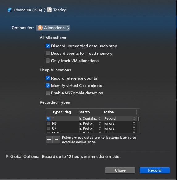 Instruments recording options