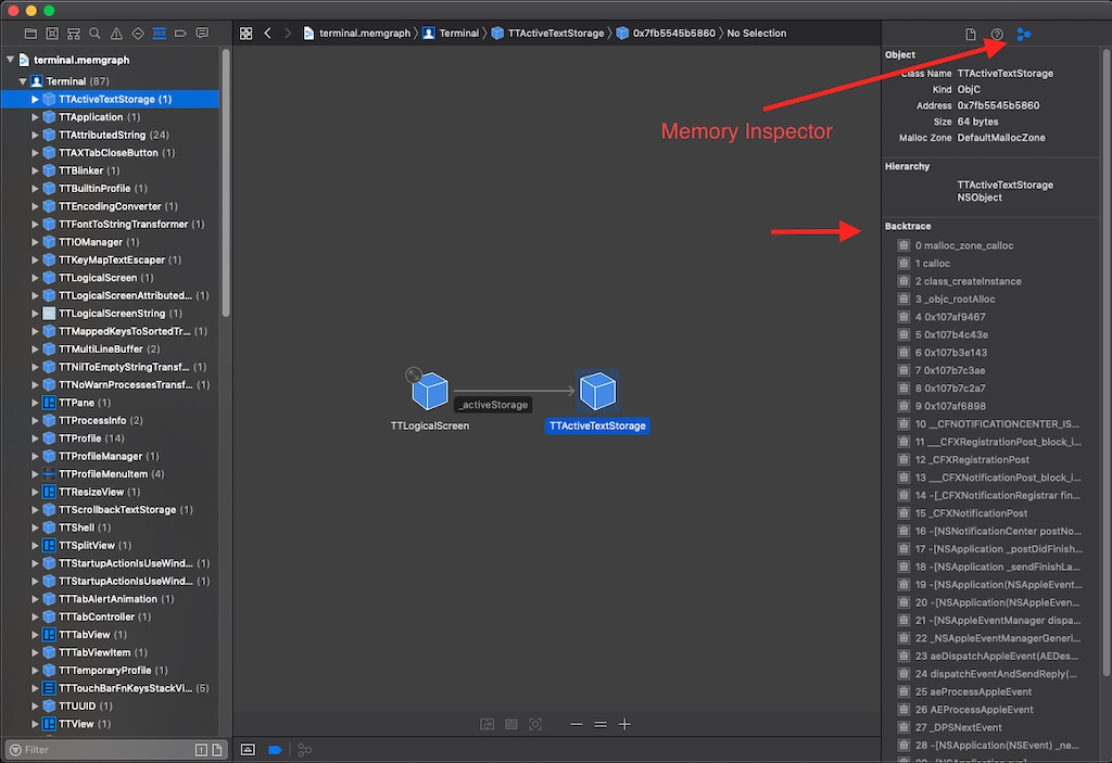 Xcode memory inspector pane