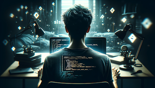 An image over the shoulder of Zed on his computer